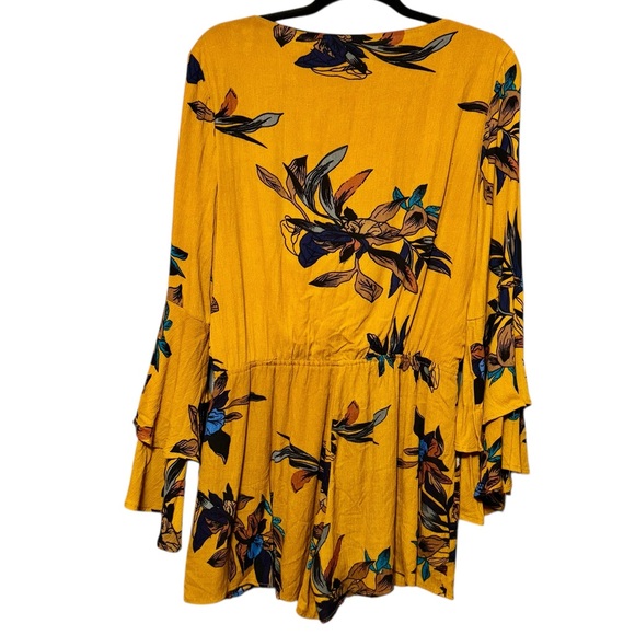 Very J Bohemian Mustard Floral Print Long Ruffled Layered Bell Sleeve Romper - Picture 7 of 12